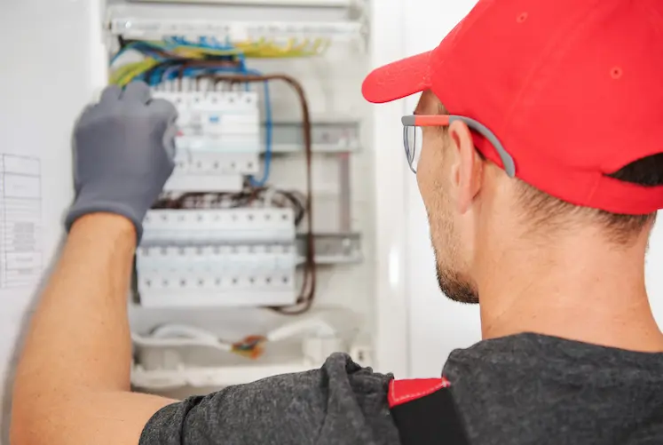 Elettricista al lavoro su un quadro elettrico durante un intervento urgente in Liguria