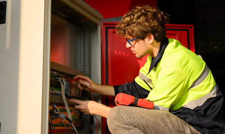 Elettricista al lavoro su un quadro elettrico durante un intervento urgente a Novara